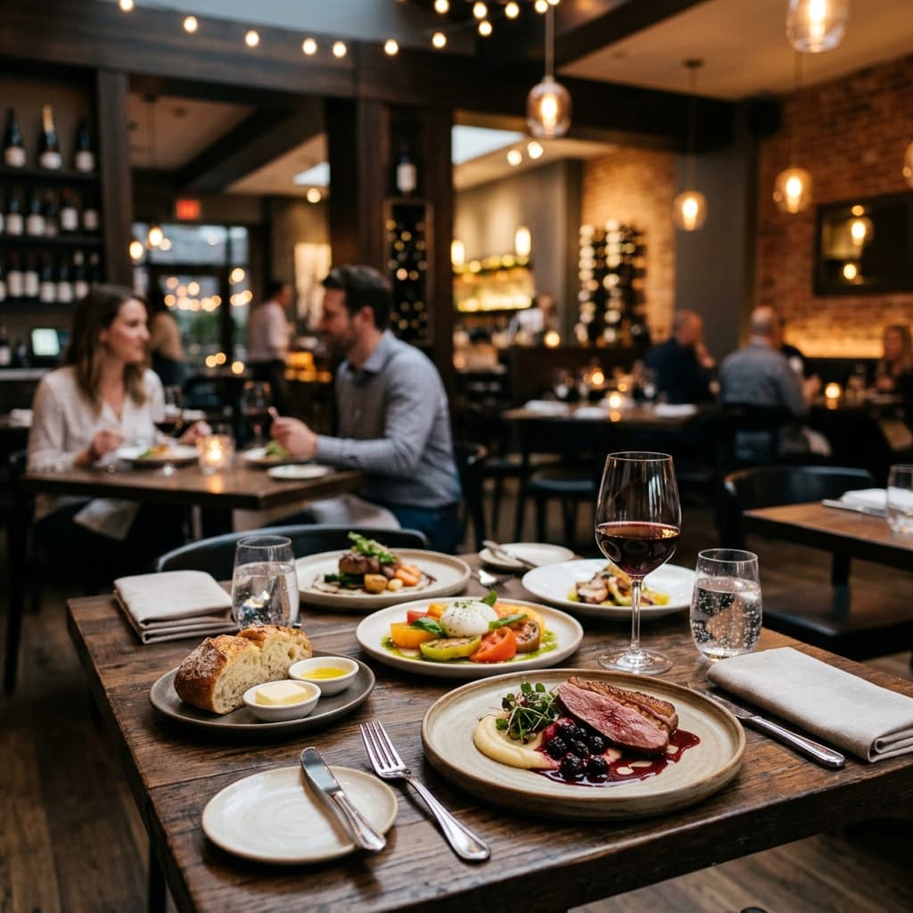 Gedeckte Tische und Gäste in einem modernen Restaurant
