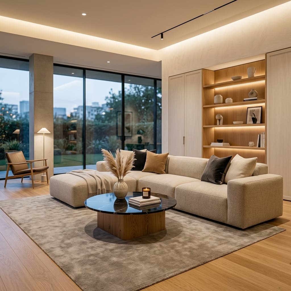Modern eingerichtetes Wohnzimmer mit Sofa und Couchtisch