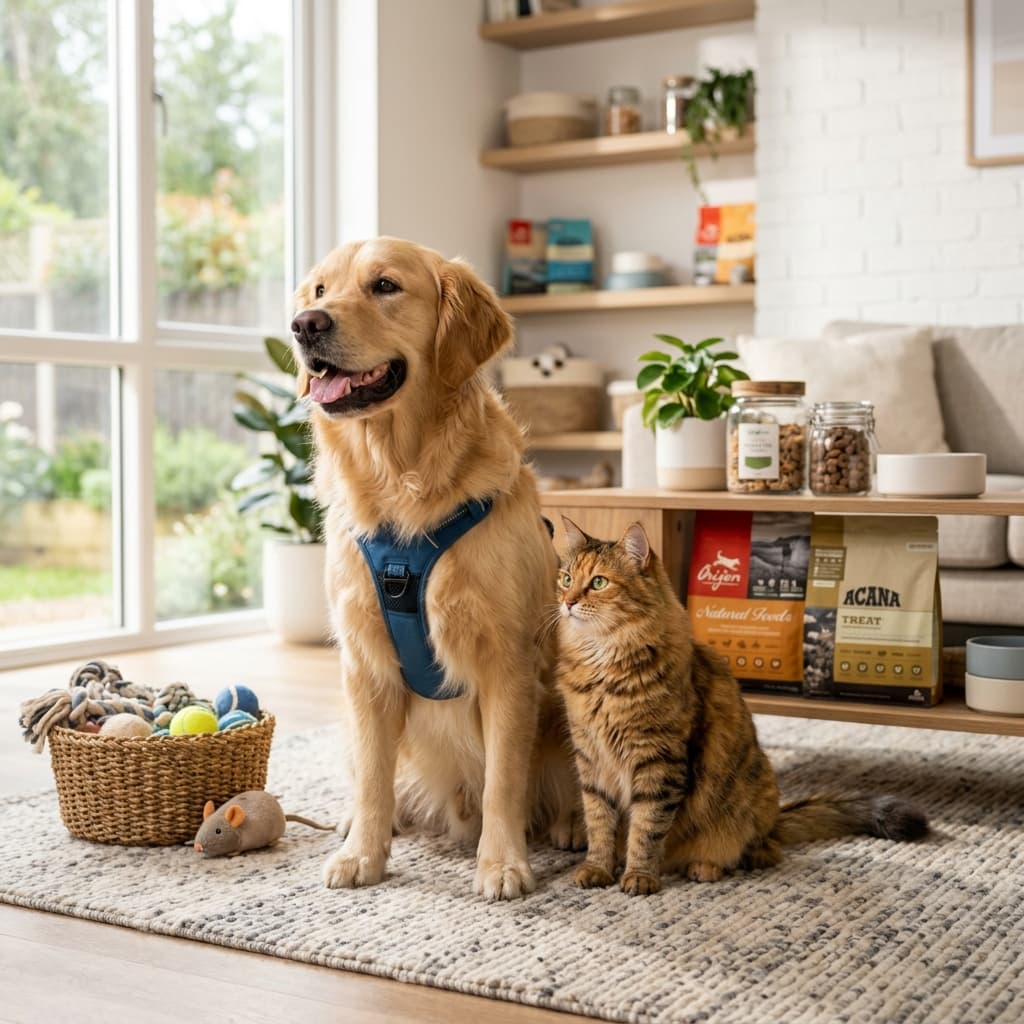 Hund und Katze in einem modernen Fachgeschäft für Tierbedarf